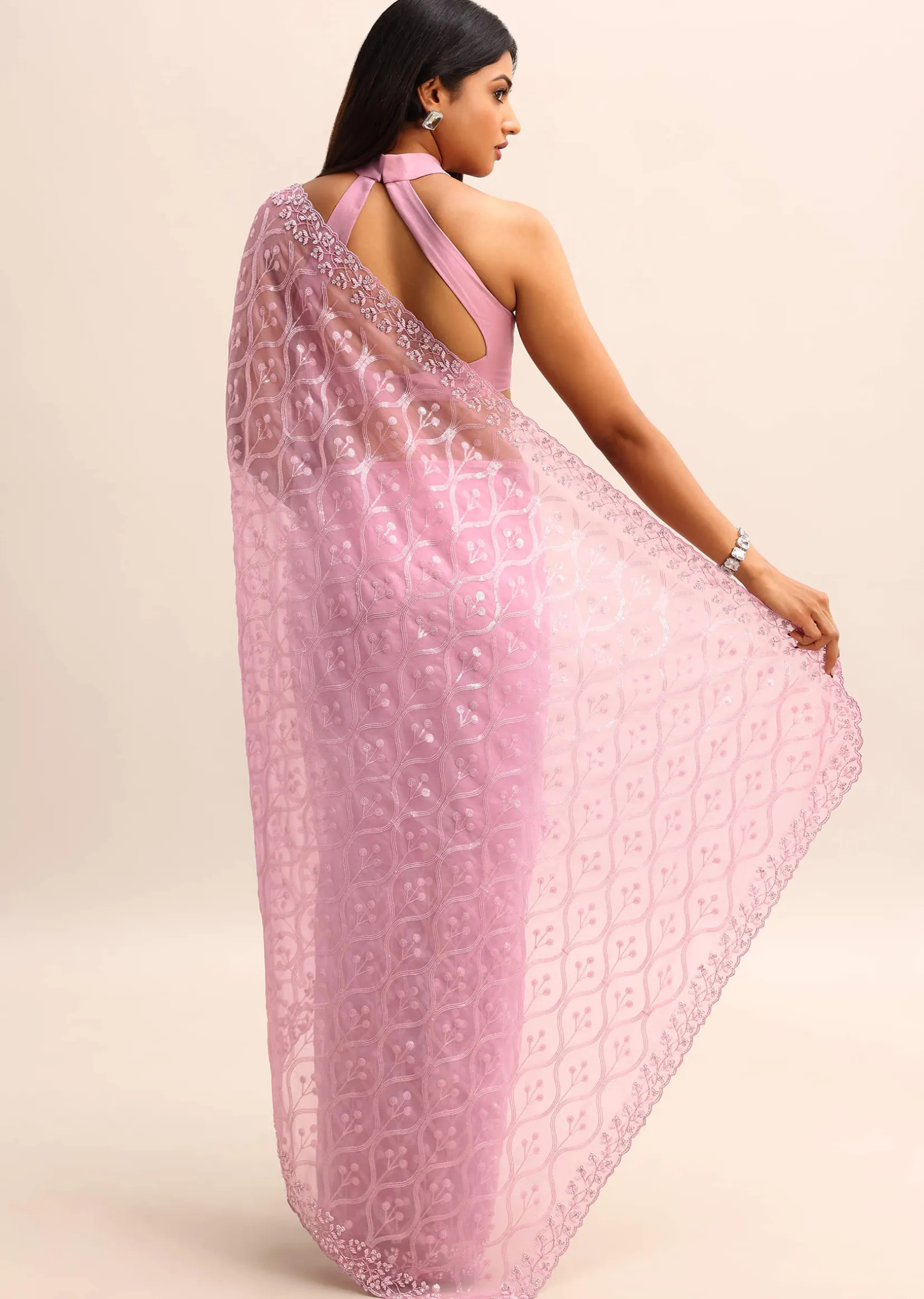 Pink Organza Saree With Embellished Scallop Border And Unstitched Blouse