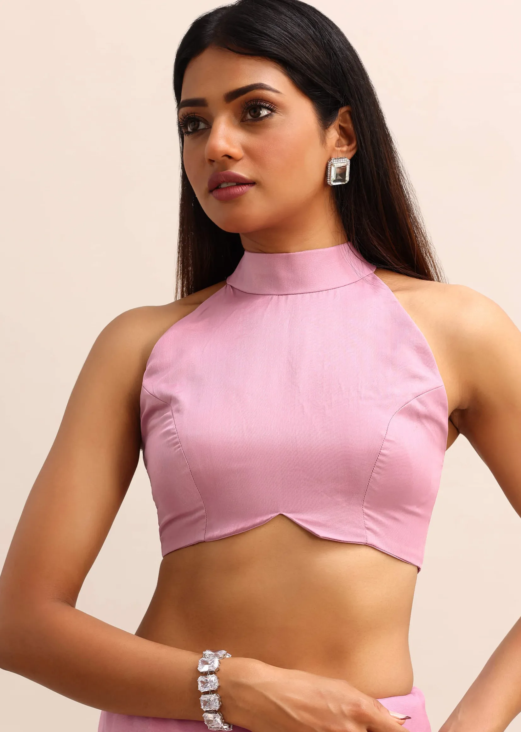 Pink Organza Saree With Embellished Scallop Border And Unstitched Blouse
