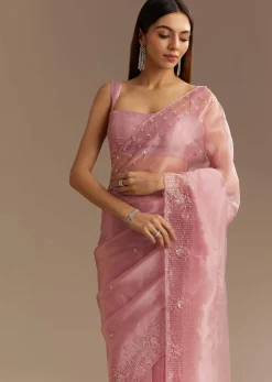 Pink Organza Sequins Saree With Scallop Border