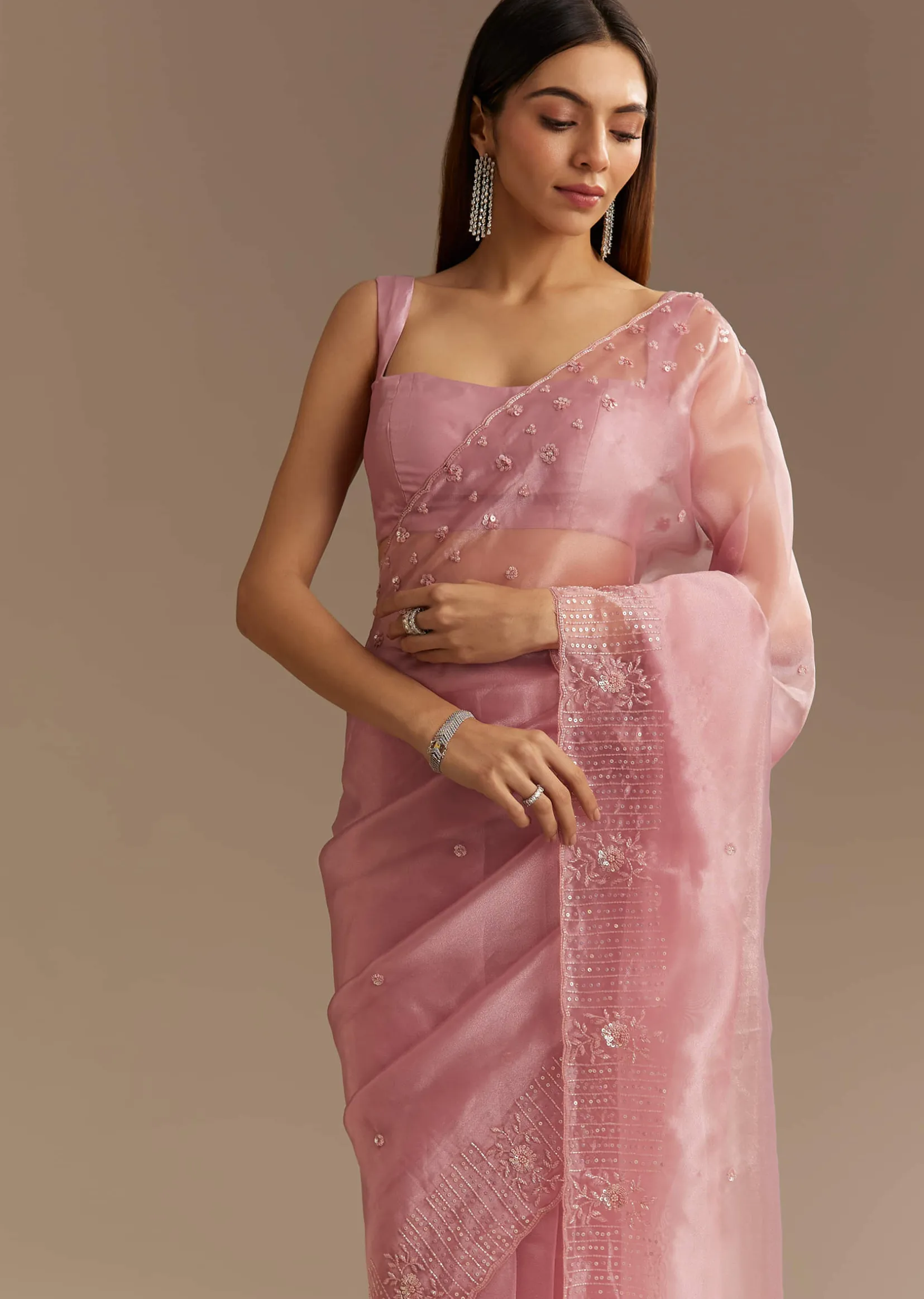 Pink Organza Sequins Saree With Scallop Border