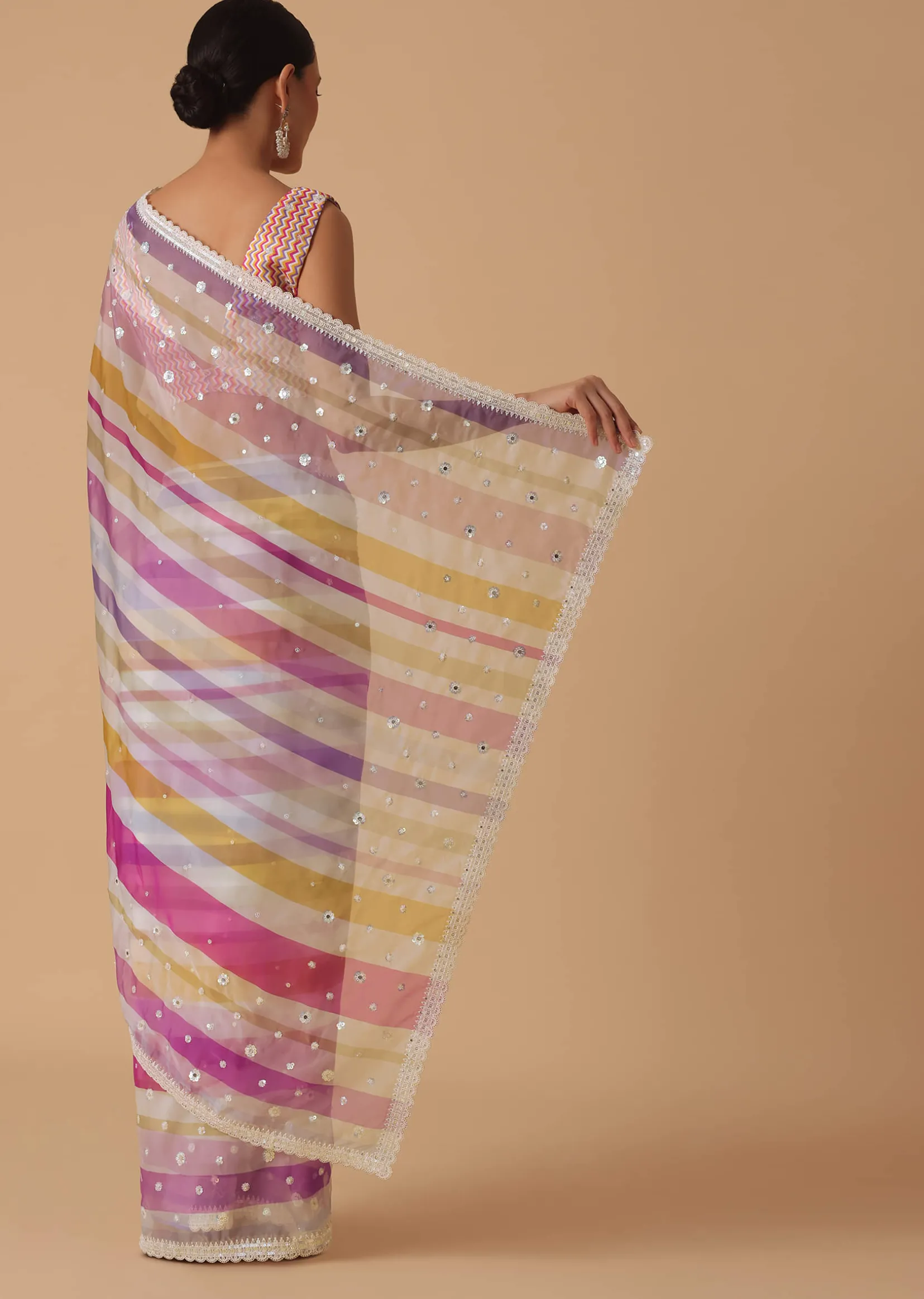 Pink Organza Striped Saree With Unstitched Blouse Piece