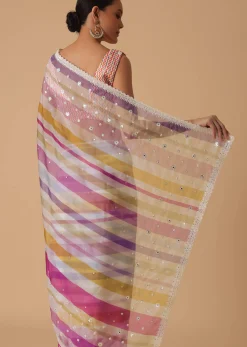 Pink Organza Striped Saree With Unstitched Blouse Piece