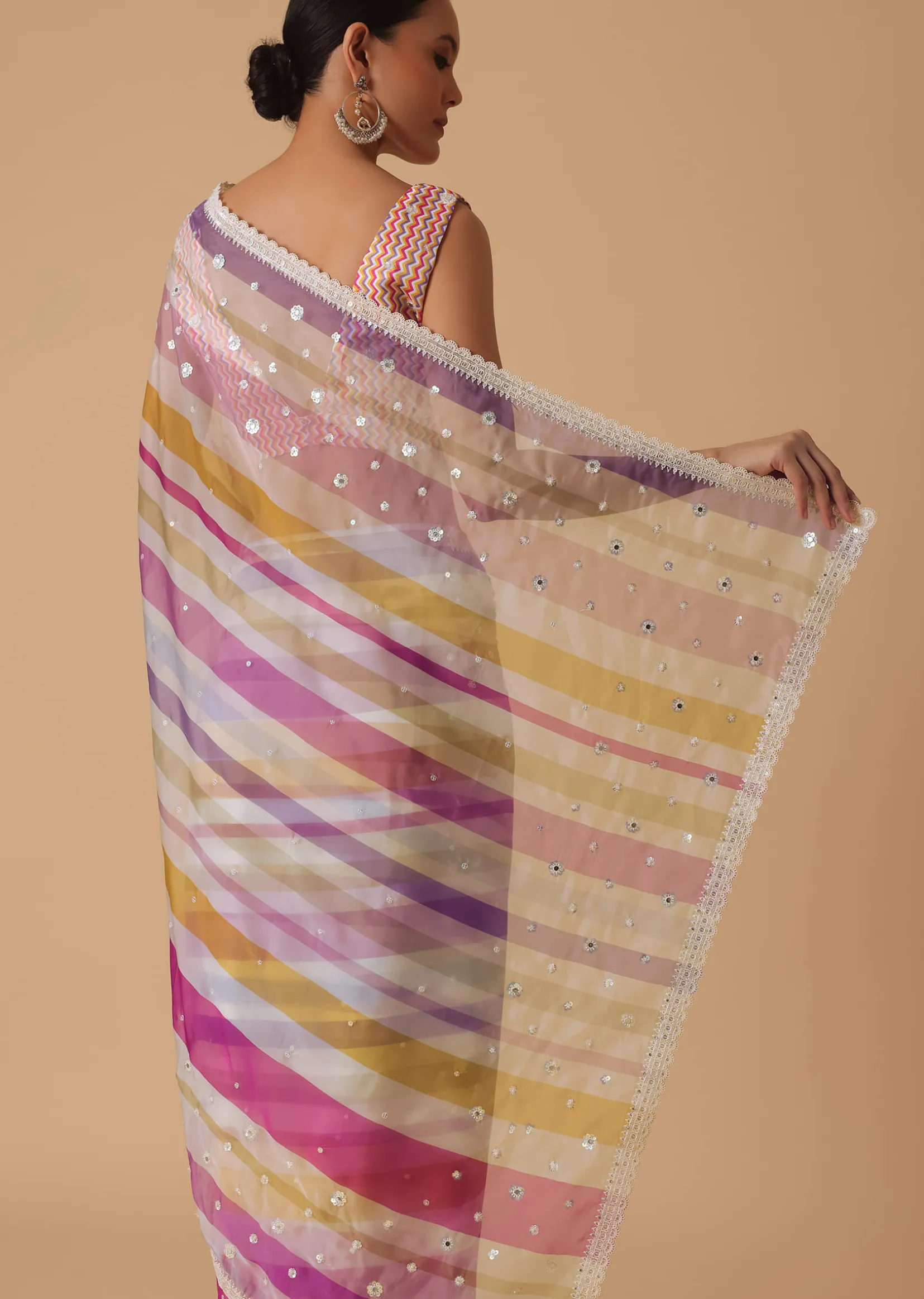 Pink Organza Striped Saree With Unstitched Blouse Piece