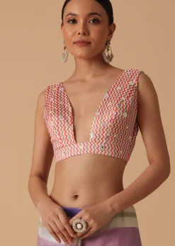 Pink Organza Striped Saree With Unstitched Blouse Piece