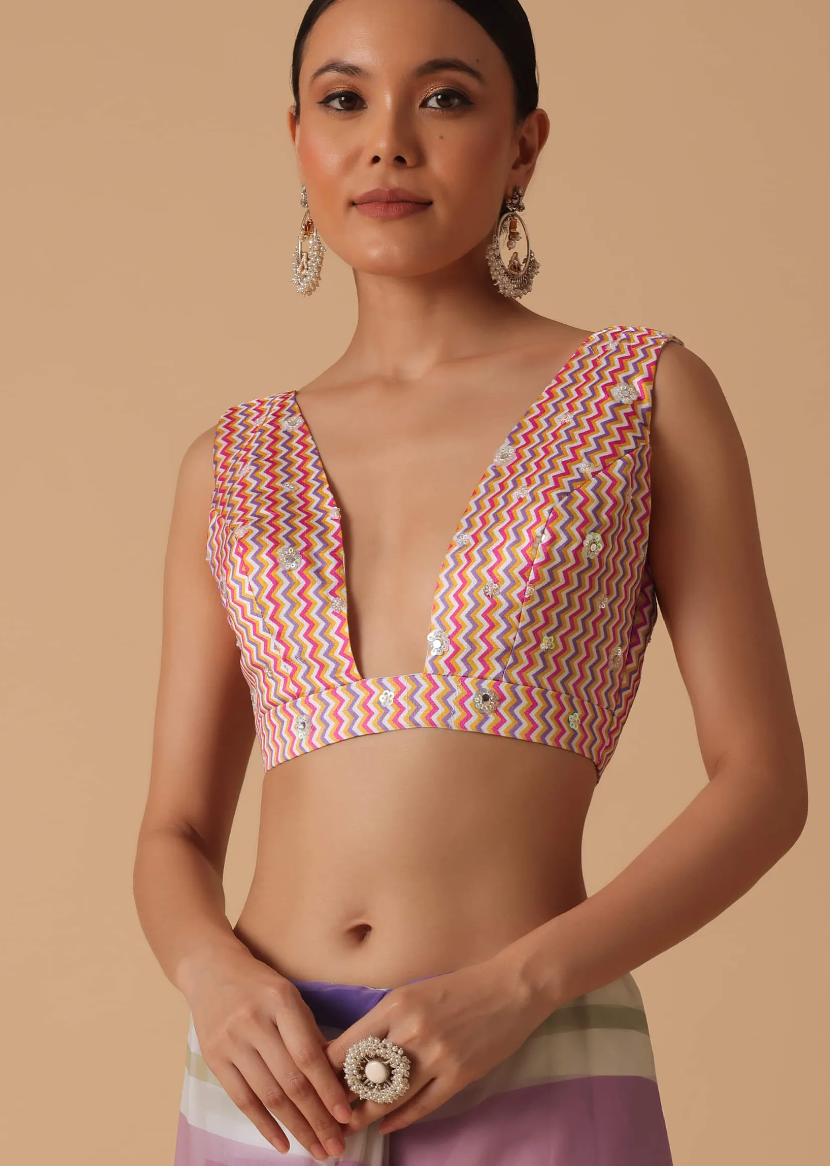 Pink Organza Striped Saree With Unstitched Blouse Piece