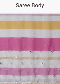 Pink Organza Striped Saree With Unstitched Blouse Piece