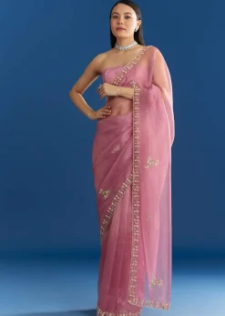 Pink Organza Tissue Saree With Beaded Scallop Border
