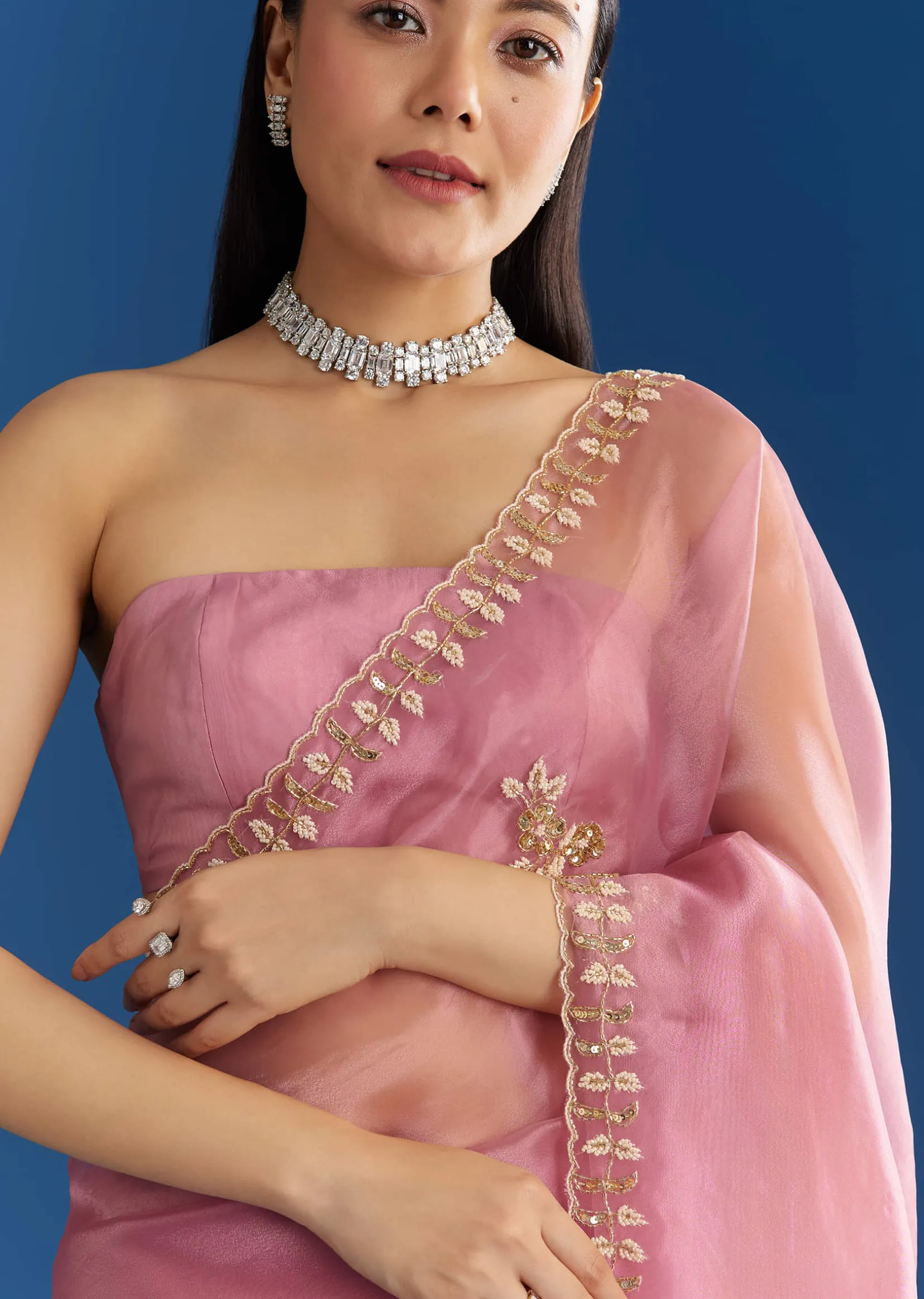 Pink Organza Tissue Saree With Beaded Scallop Border