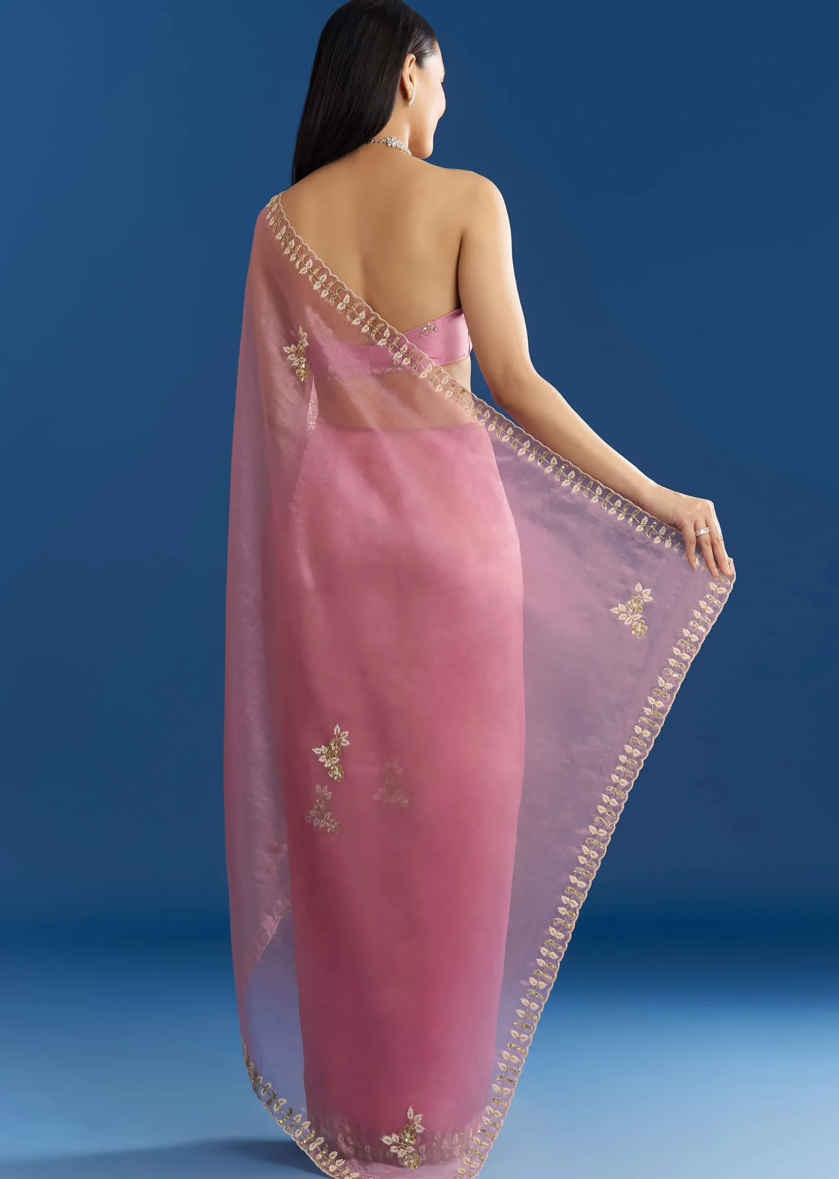 Pink Organza Tissue Saree With Beaded Scallop Border