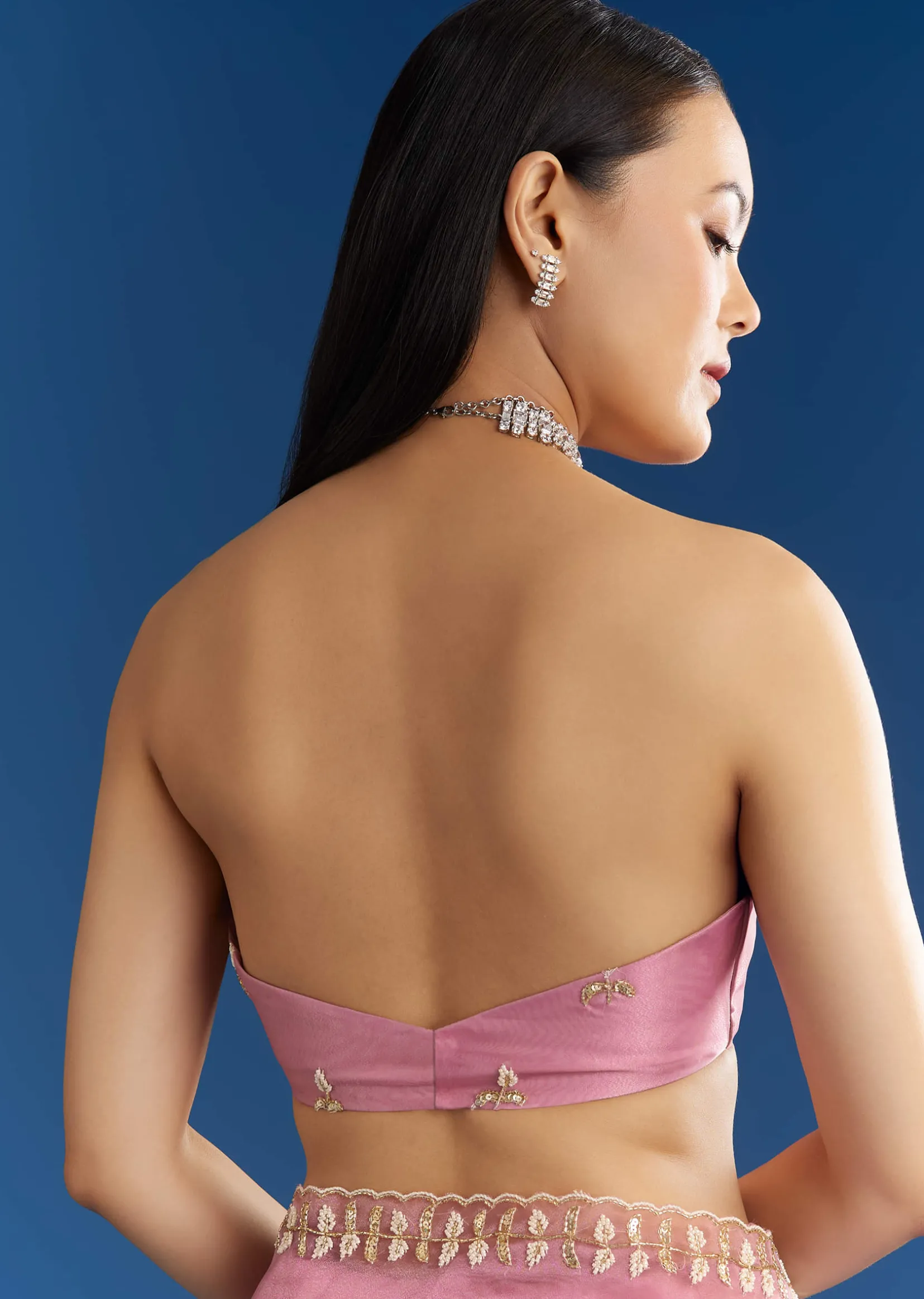 Pink Organza Tissue Saree With Beaded Scallop Border