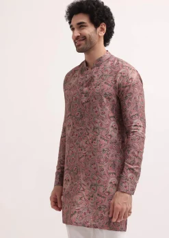 Pink Paisley Printed Silk Short Kurta Set For Men