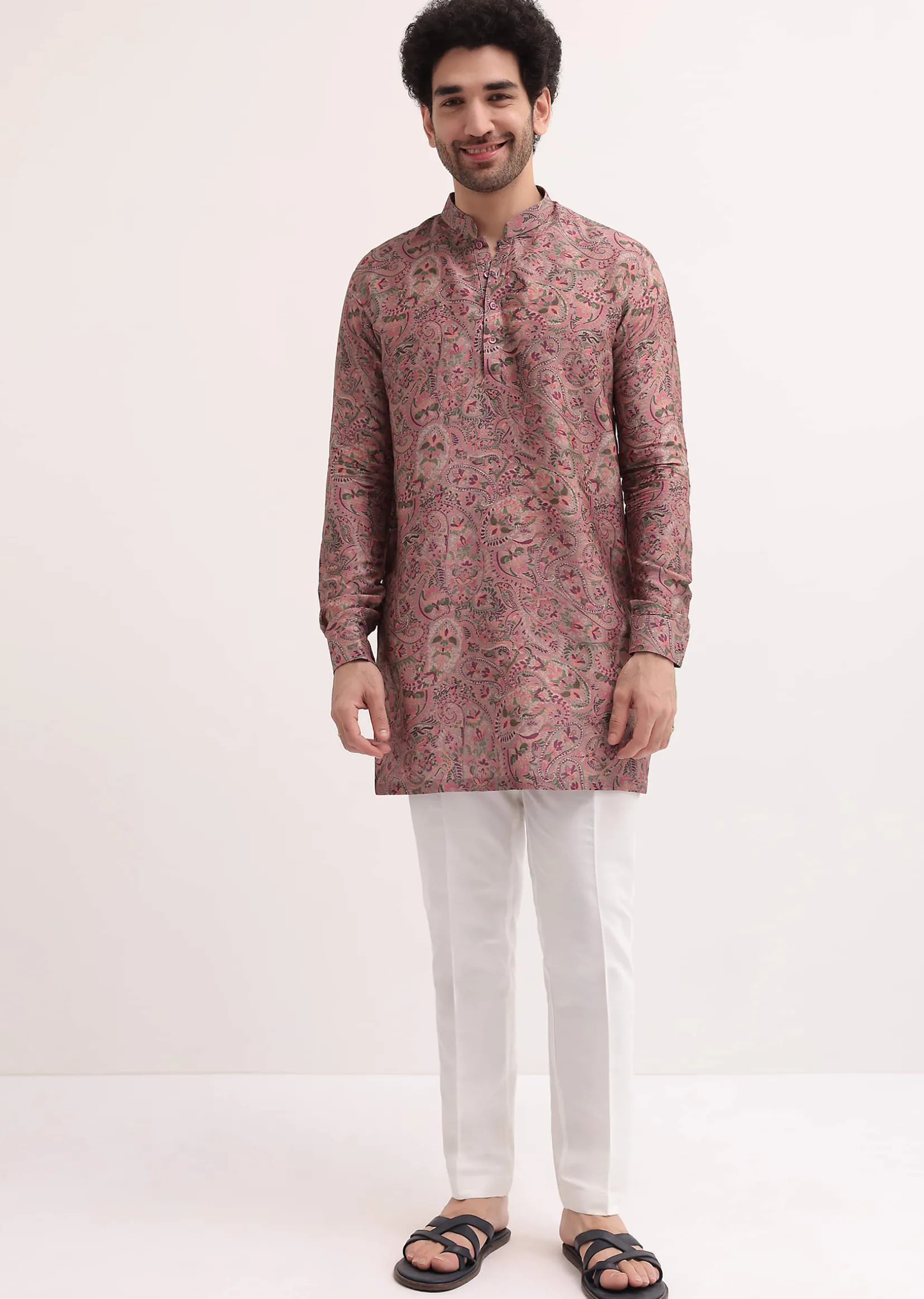 Pink Paisley Printed Silk Short Kurta Set For Men