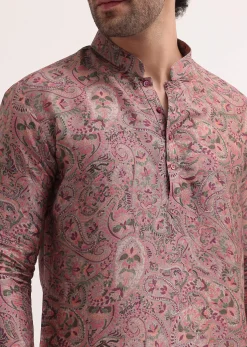 Pink Paisley Printed Silk Short Kurta Set For Men