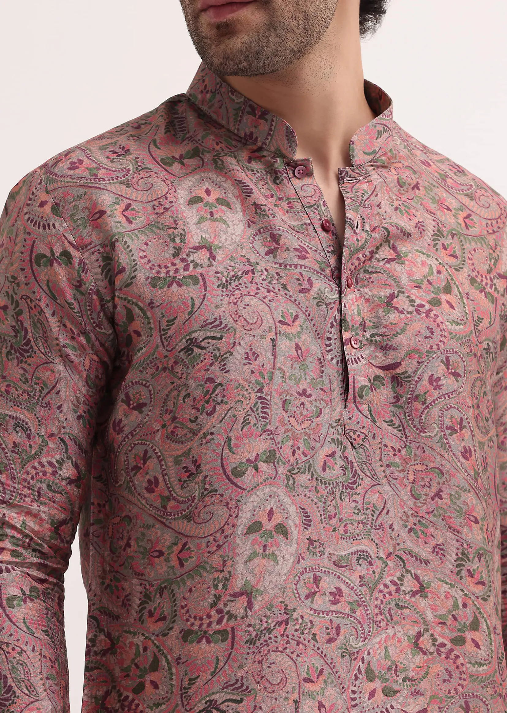 Pink Paisley Printed Silk Short Kurta Set For Men