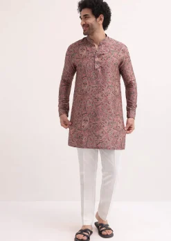 Pink Paisley Printed Silk Short Kurta Set For Men