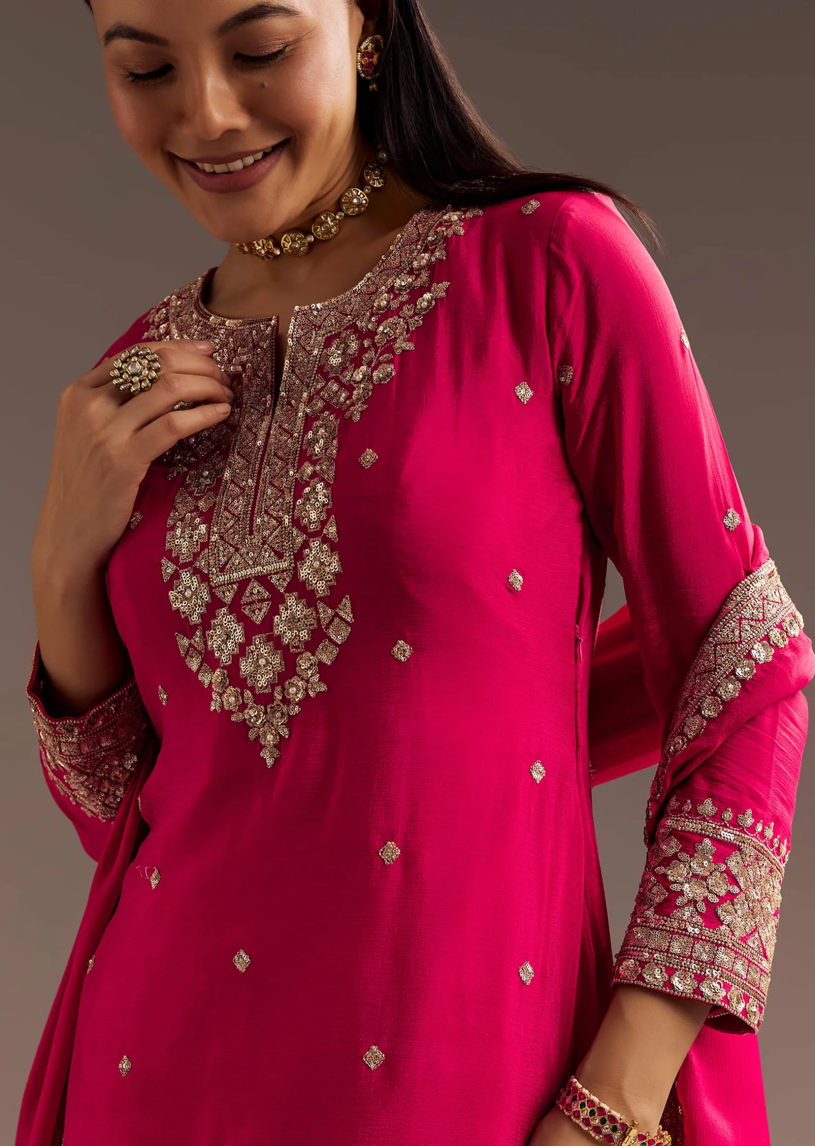Pink Palazzo Dupatta Set With sequins Work
