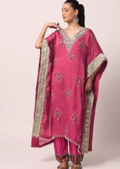 Pink Pant Set With Embroidered Kaftan Kurta