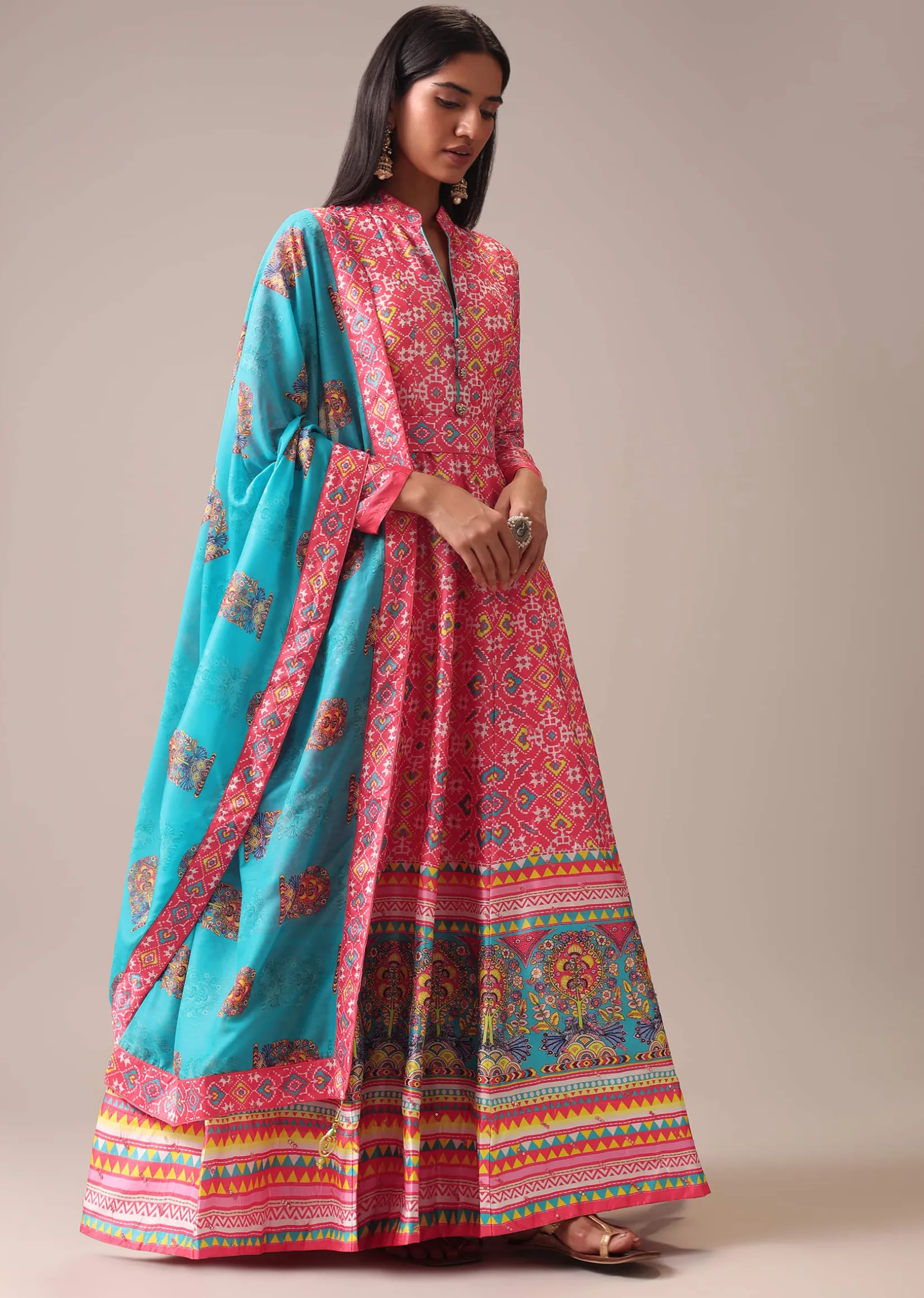 Pink Patola Printed Anarkali Suit Set In Tussar Silk