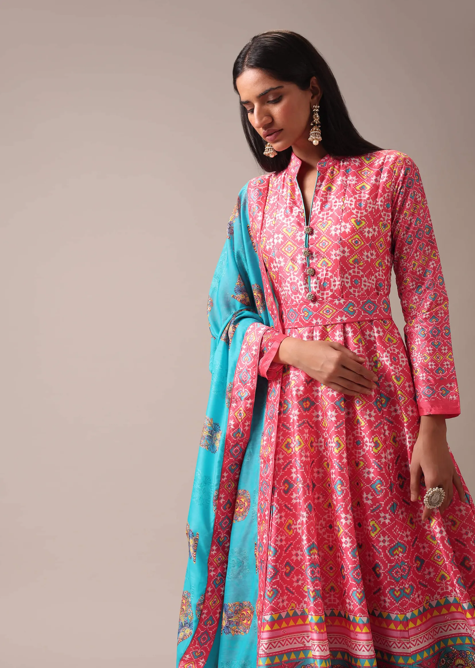 Pink Patola Printed Anarkali Suit Set In Tussar Silk