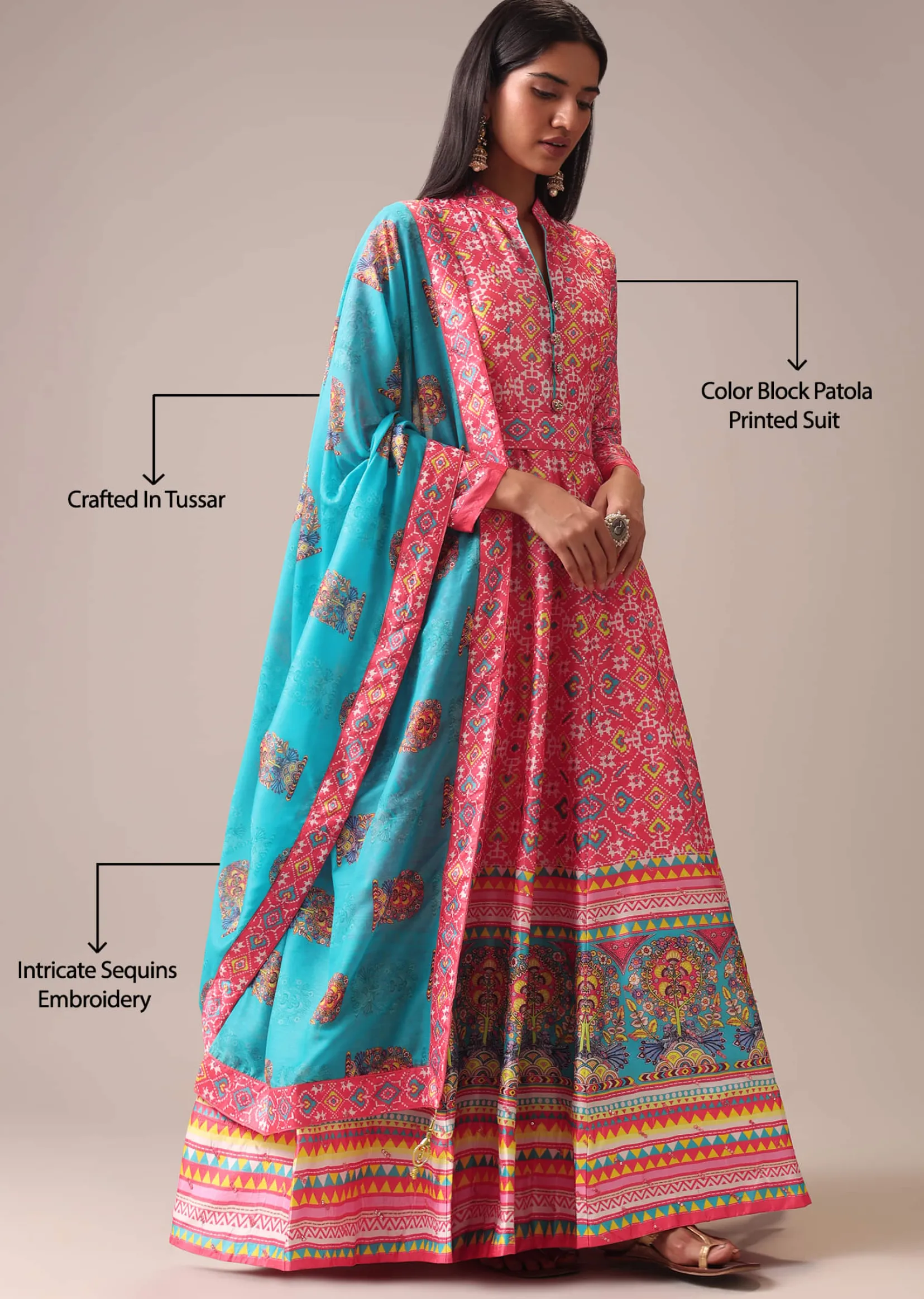 Pink Patola Printed Anarkali Suit Set In Tussar Silk