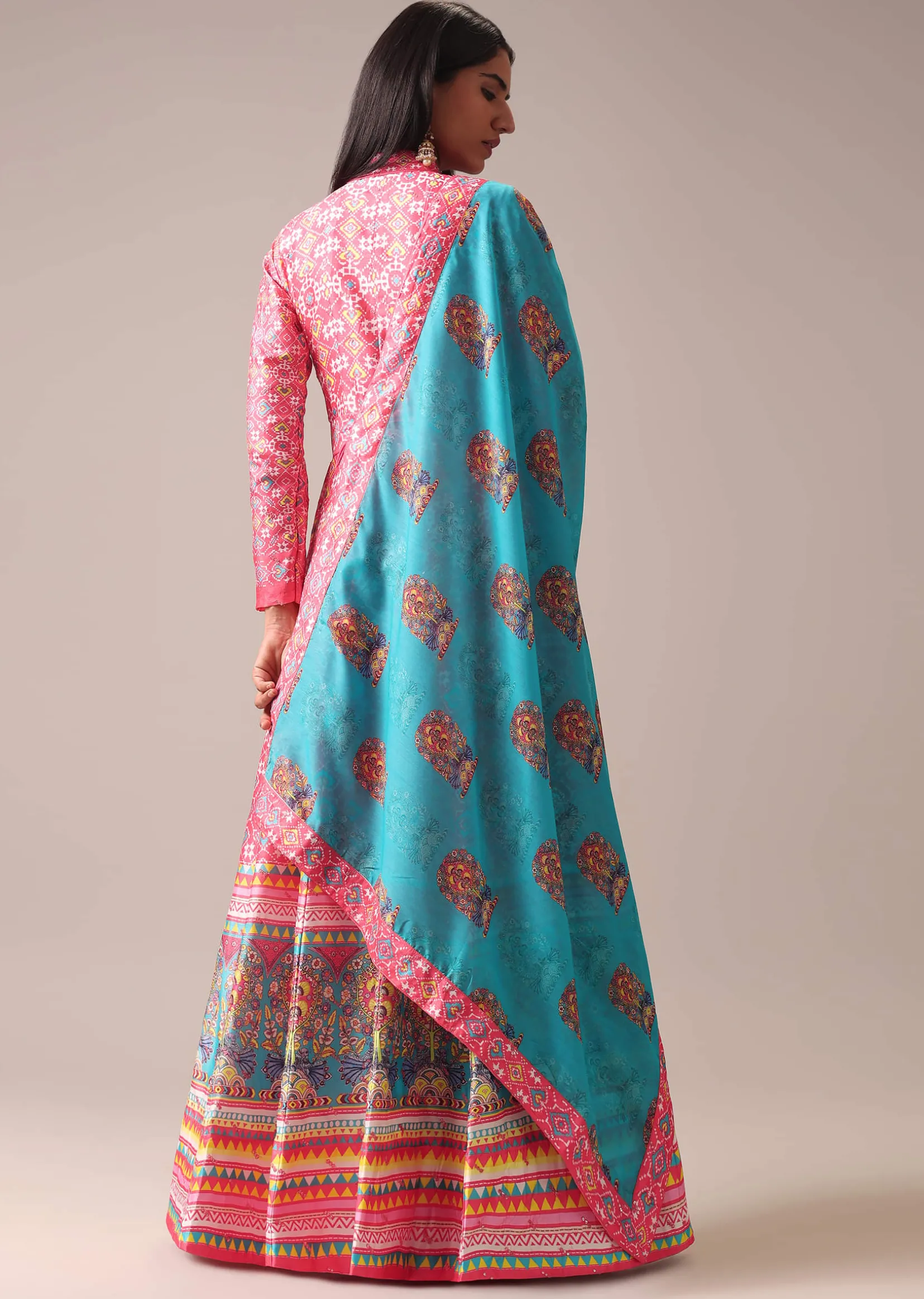 Pink Patola Printed Anarkali Suit Set In Tussar Silk