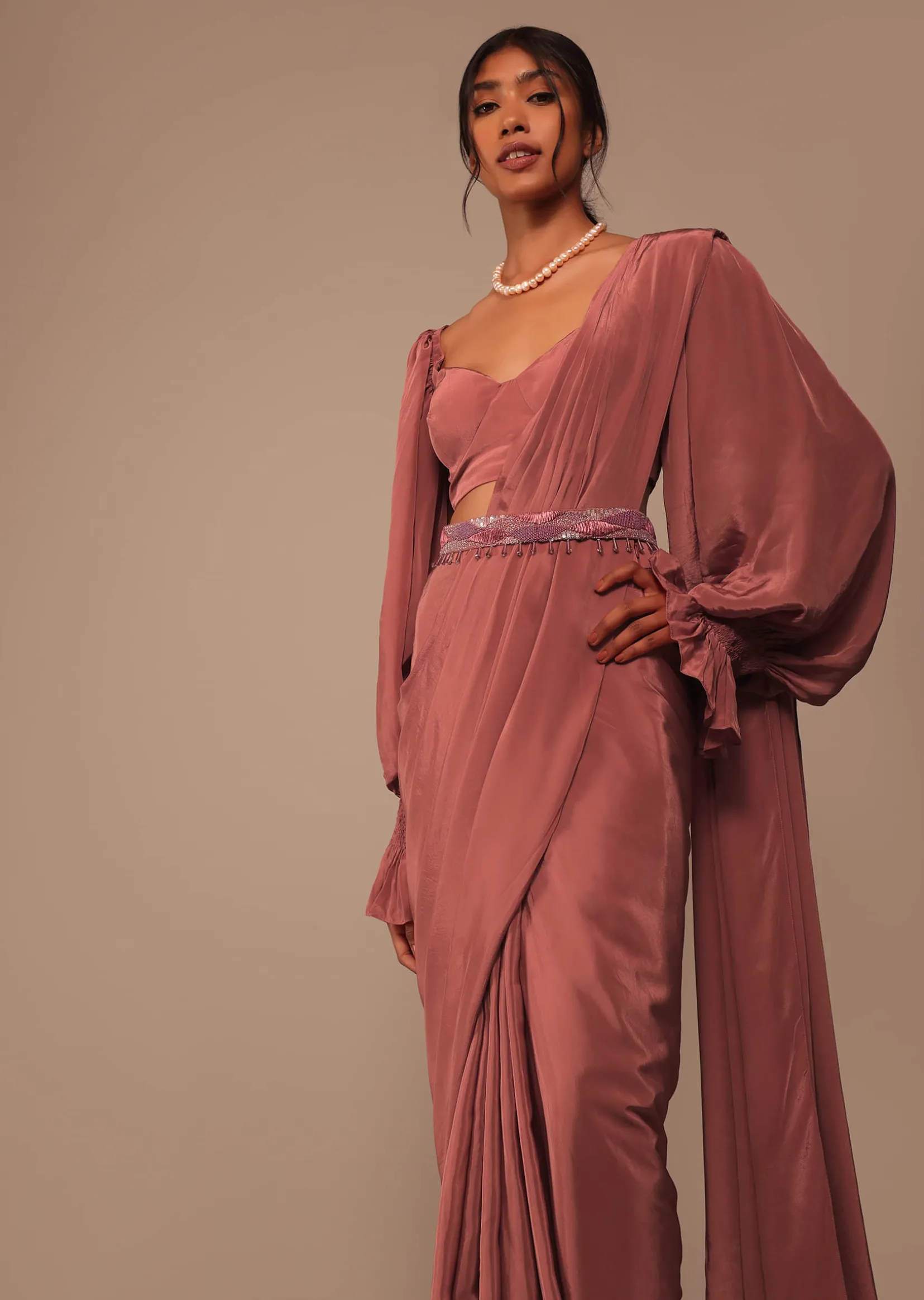 Pink Pre Stitched Saree With Lantern Sleeved Blouse And Hand Worked Belt