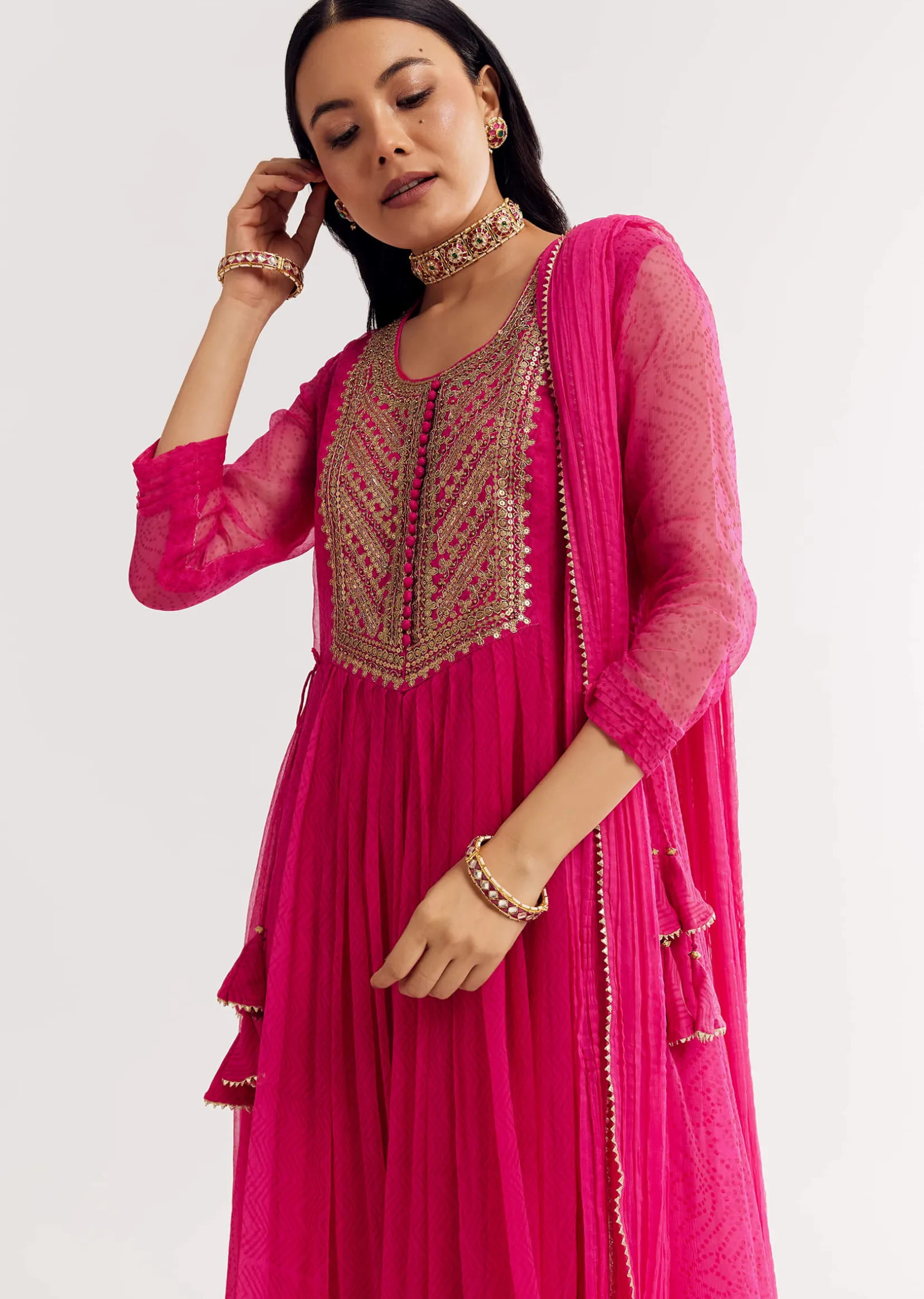 Pink Printed Chiffon Sequin Kurta Set With Dupatta