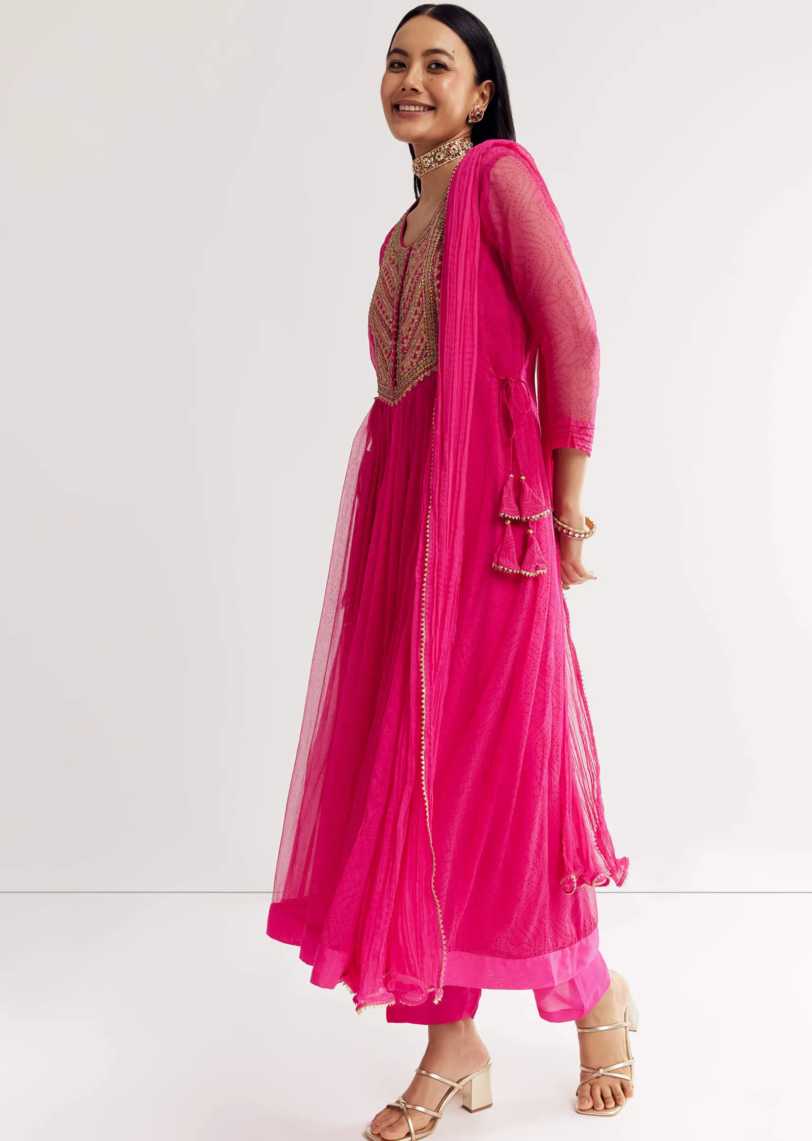 Pink Printed Chiffon Sequin Kurta Set With Dupatta