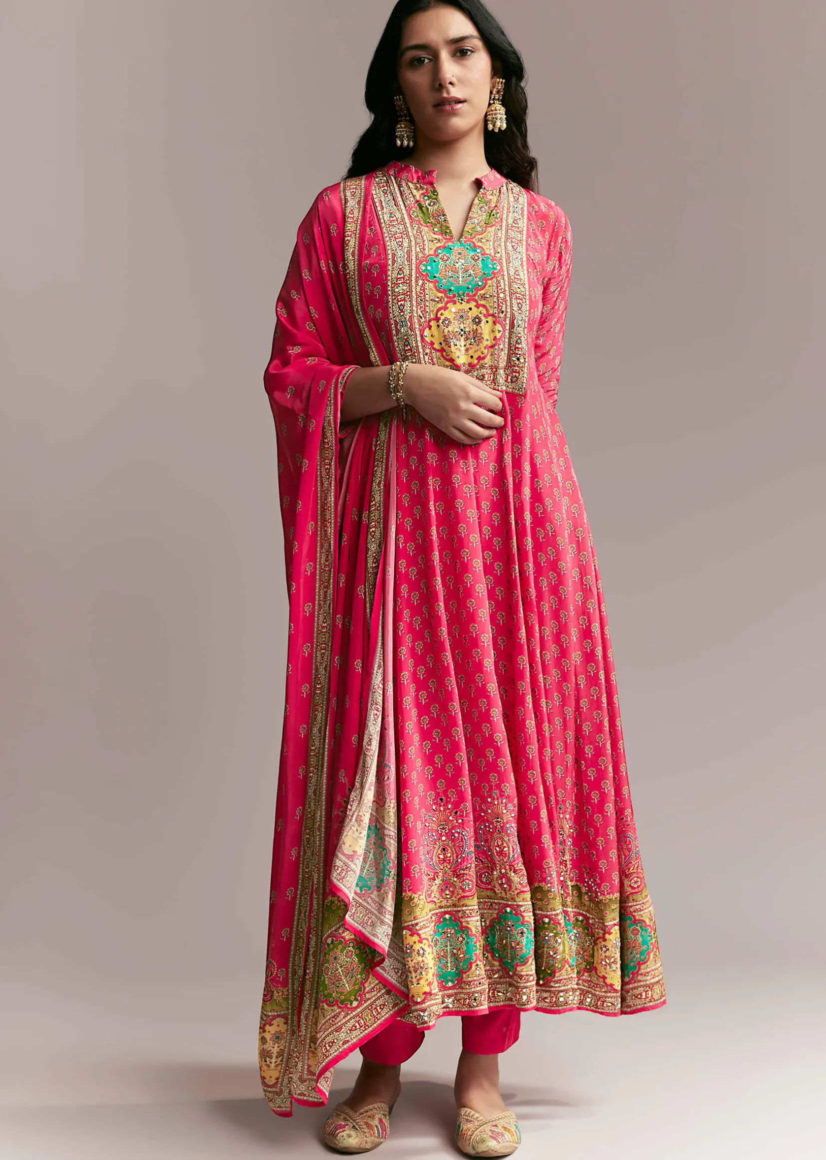 Pink Printed Crepe Anarkali Set