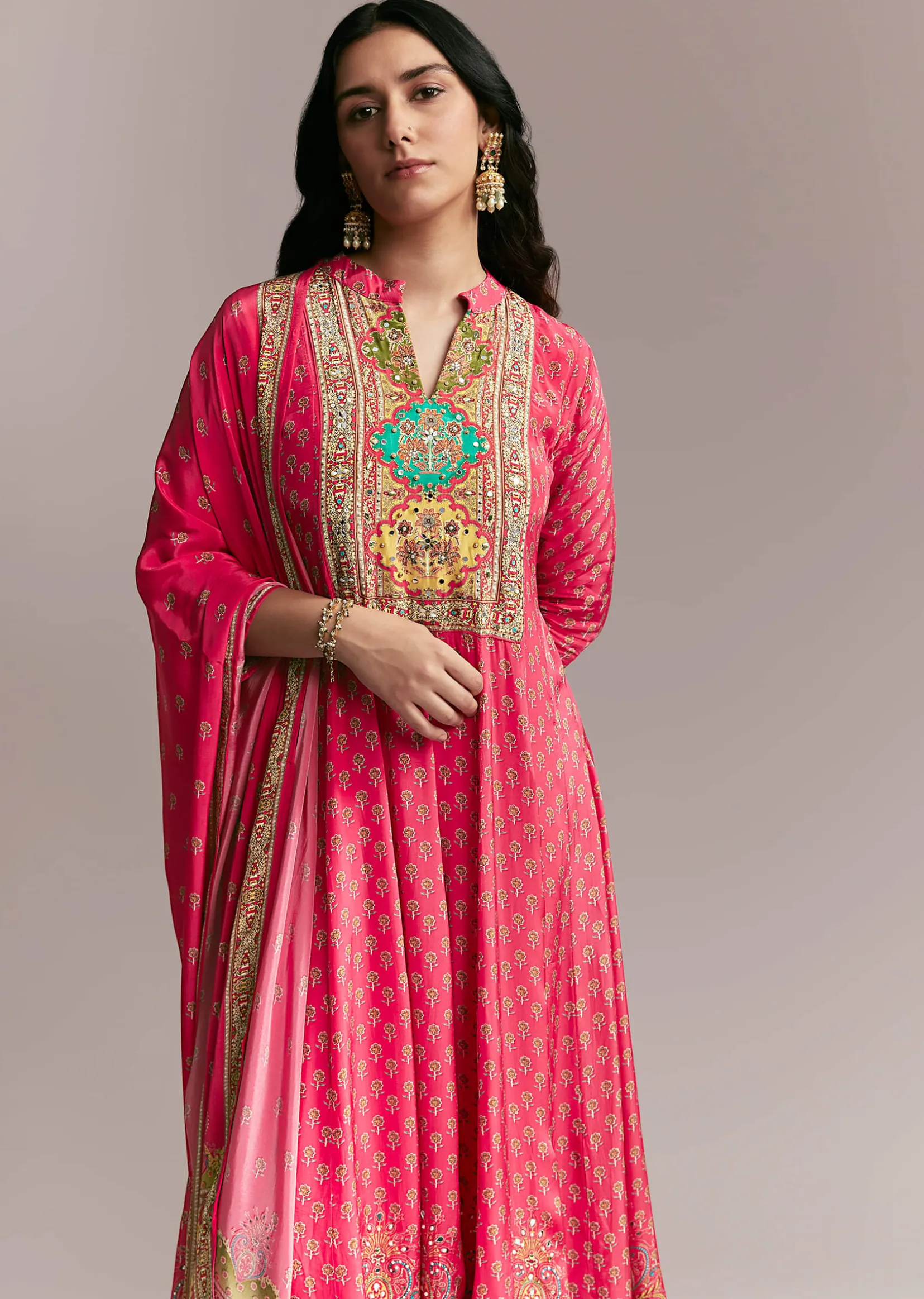Pink Printed Crepe Anarkali Set
