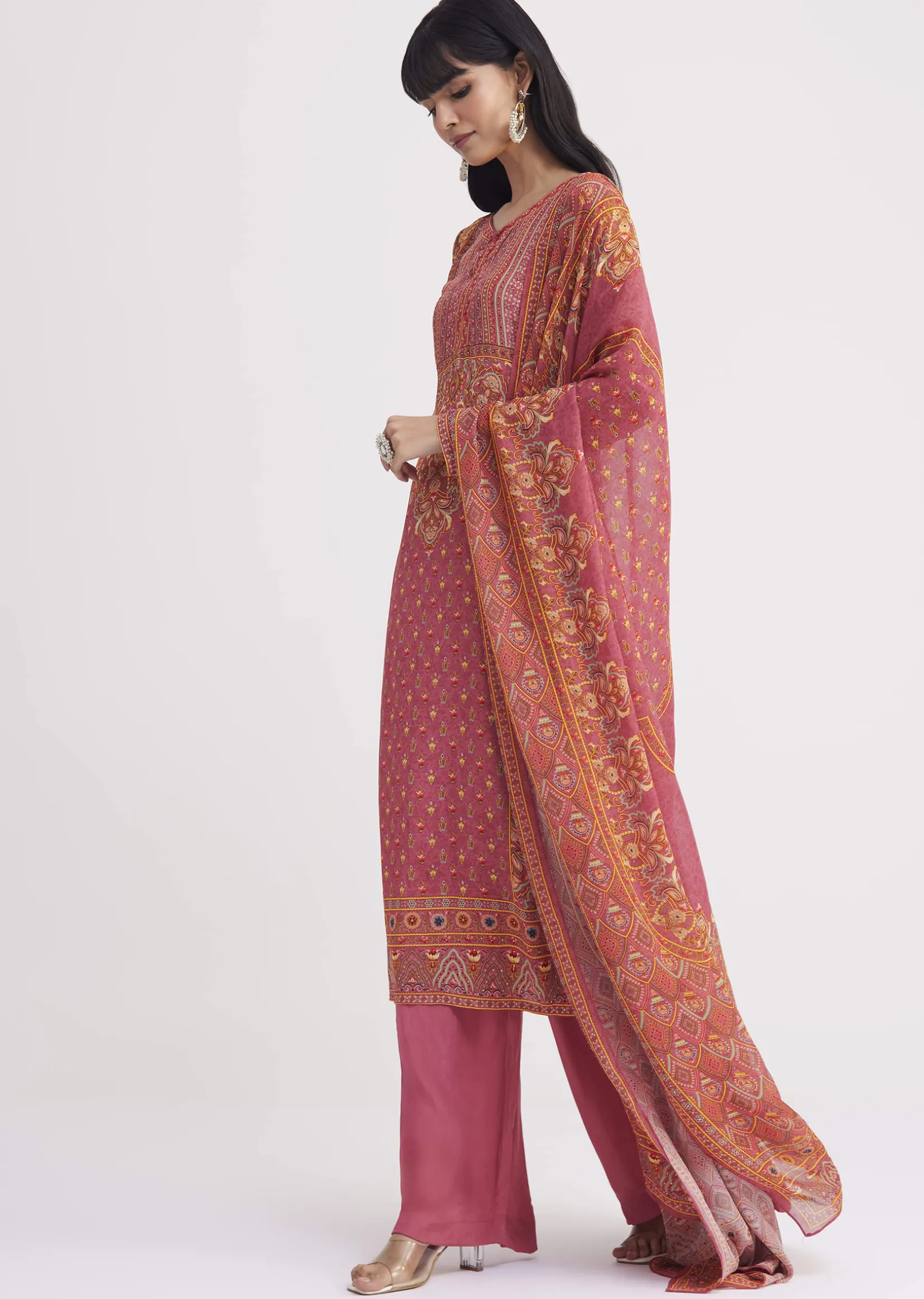 Pink Printed Crepe Palazzo Suit With Georgette Dupatta