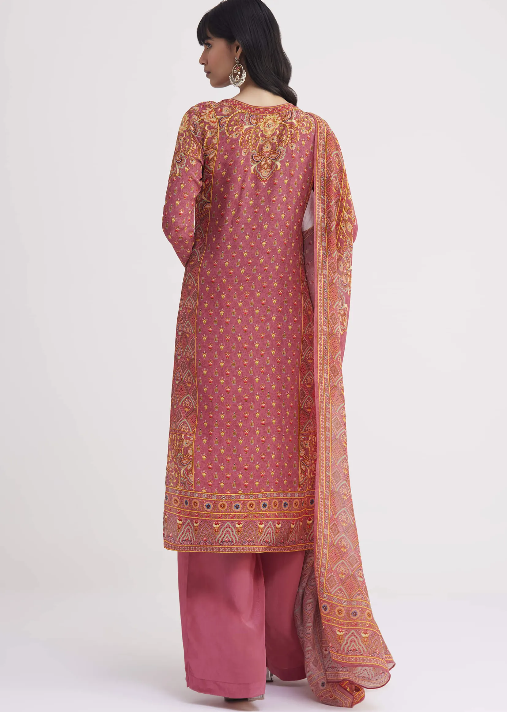 Pink Printed Crepe Palazzo Suit With Georgette Dupatta