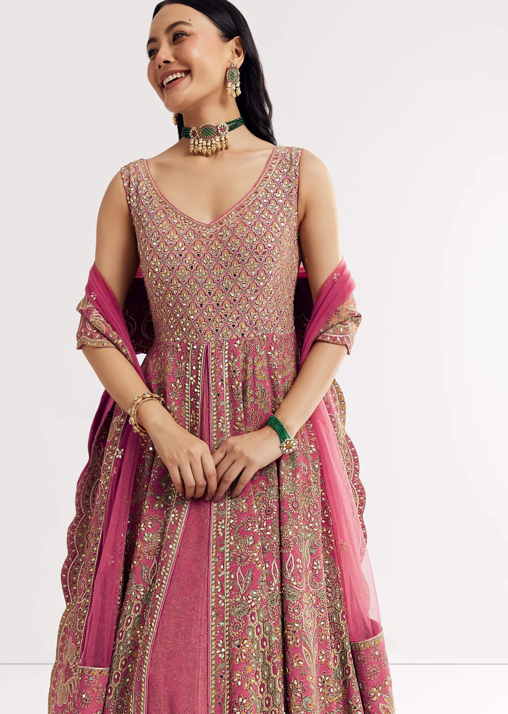 Pink Printed Embellished Anarkali Suit In Crepe
