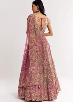 Pink Printed Embellished Anarkali Suit In Crepe