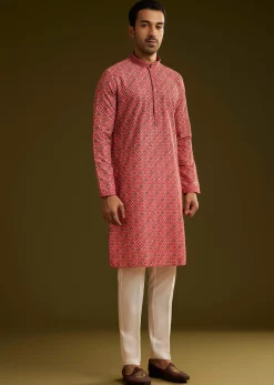 Pink Printed Kurta Set In Silk