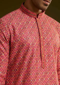 Pink Printed Kurta Set In Silk