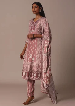 Pink Printed Kurti Pant Set With Embroidered Detail