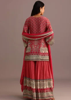 Pink Printed Kurti Sharara Suit With Chiffon Dupatta