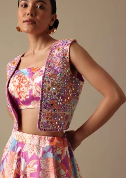 Pink Printed Lehenga Set with Mirror Embroidered Jacket