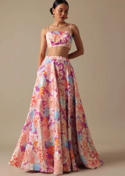 Pink Printed Lehenga Set with Mirror Embroidered Jacket