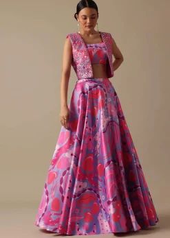 Pink Printed Lehenga Set With Mirror Work Jacket