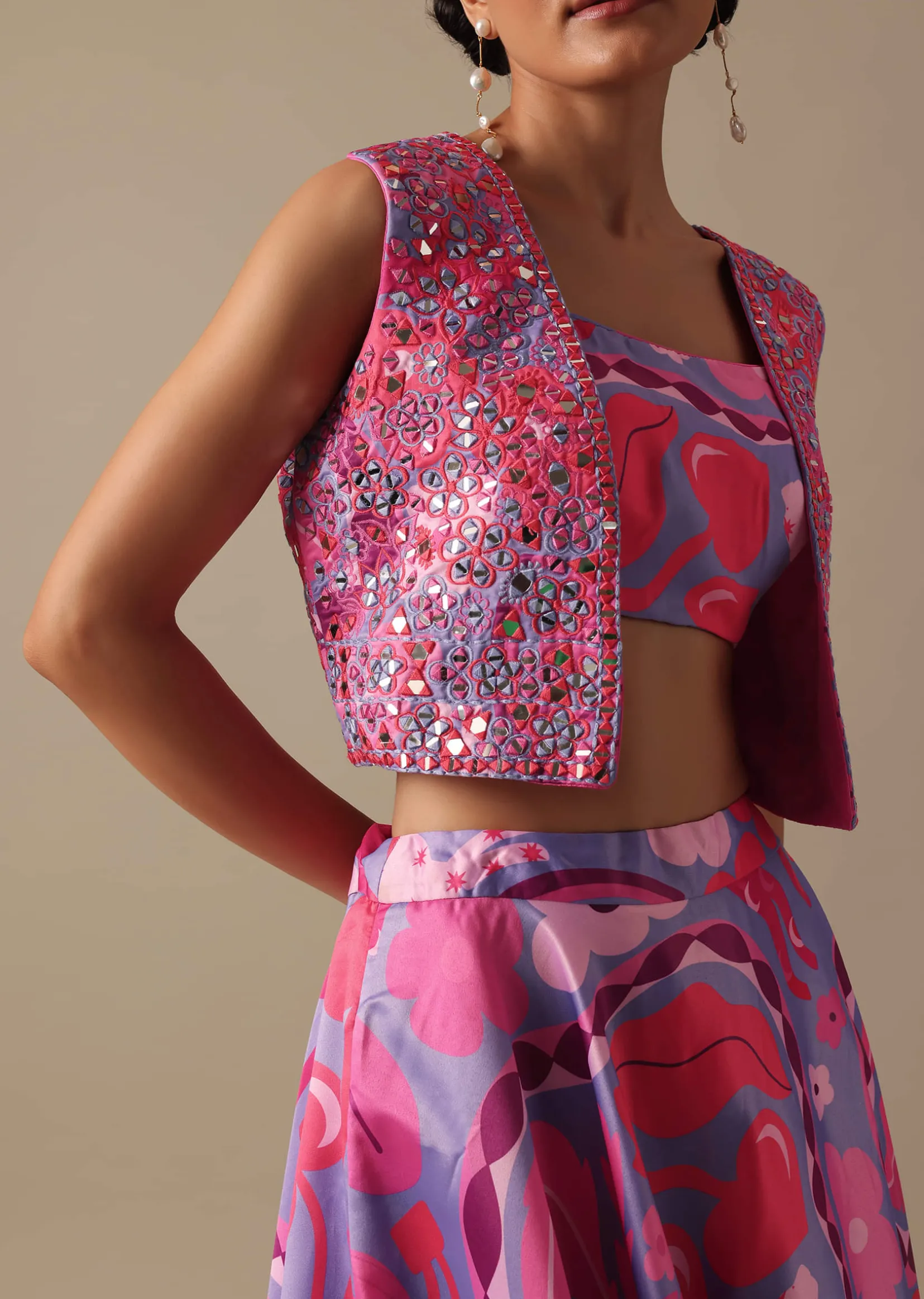 Pink Printed Lehenga Set With Mirror Work Jacket