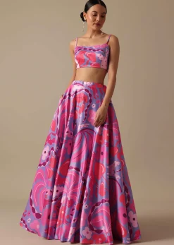 Pink Printed Lehenga Set With Mirror Work Jacket