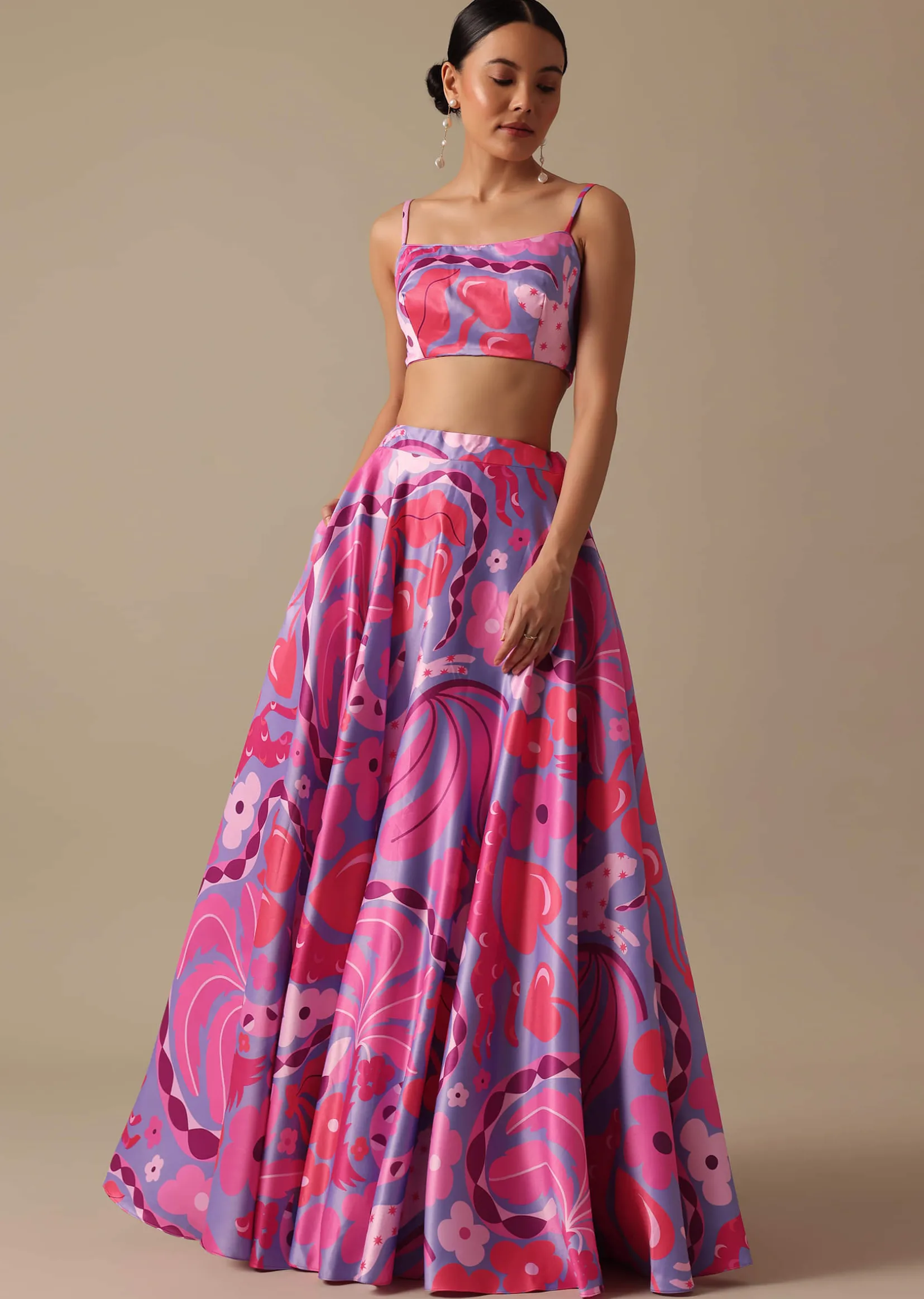 Pink Printed Lehenga Set With Mirror Work Jacket