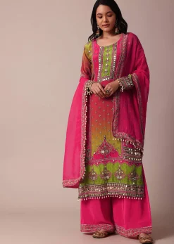 Pink Printed Palazzo Set With Zari Work Kurta