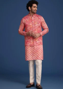 Pink Printed Silk Kurta Jacket Set