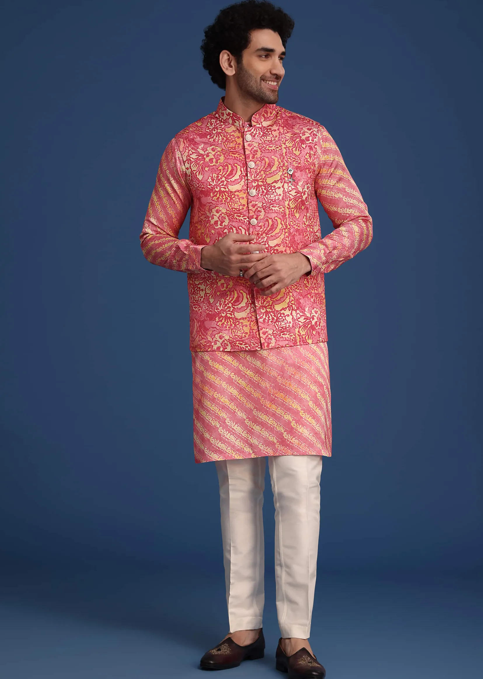 Pink Printed Silk Kurta Jacket Set