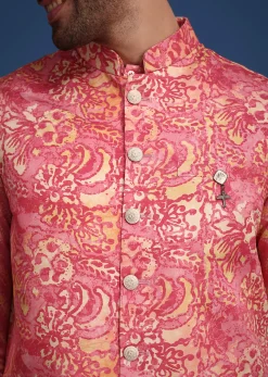 Pink Printed Silk Kurta Jacket Set
