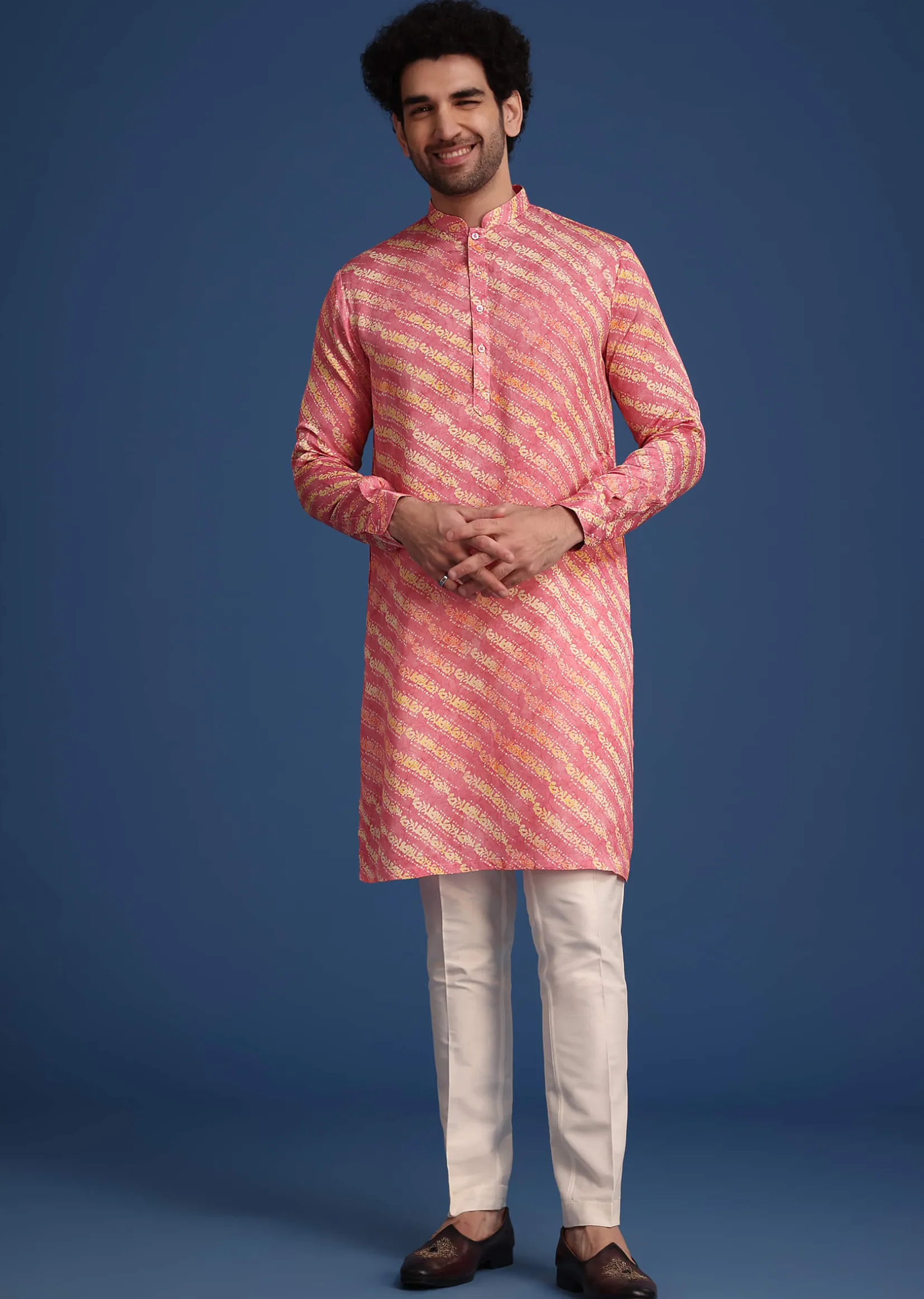 Pink Printed Silk Kurta Jacket Set