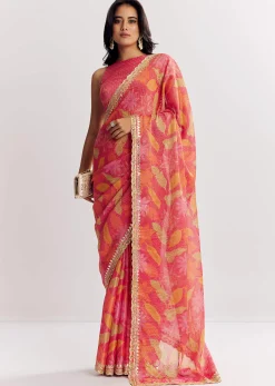 Pink Printed Tissue Lurex Saree With Zari Mirror And Cutdana Embroidery